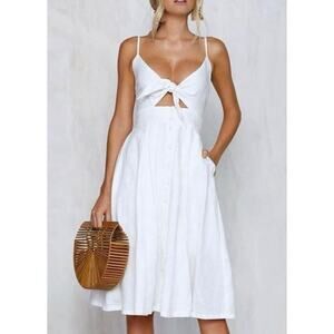 White Front Tie Spaghetti Strap Open Stomach Front Button Flowy Summer Dress M